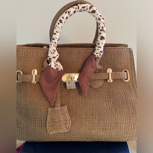 Linen handbag with scarf tied handles NWT